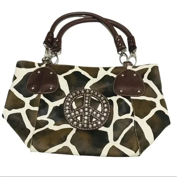 Animal Print Bedazzled Peace Sign Tote Shoulder Bag - Picture 9 of 10